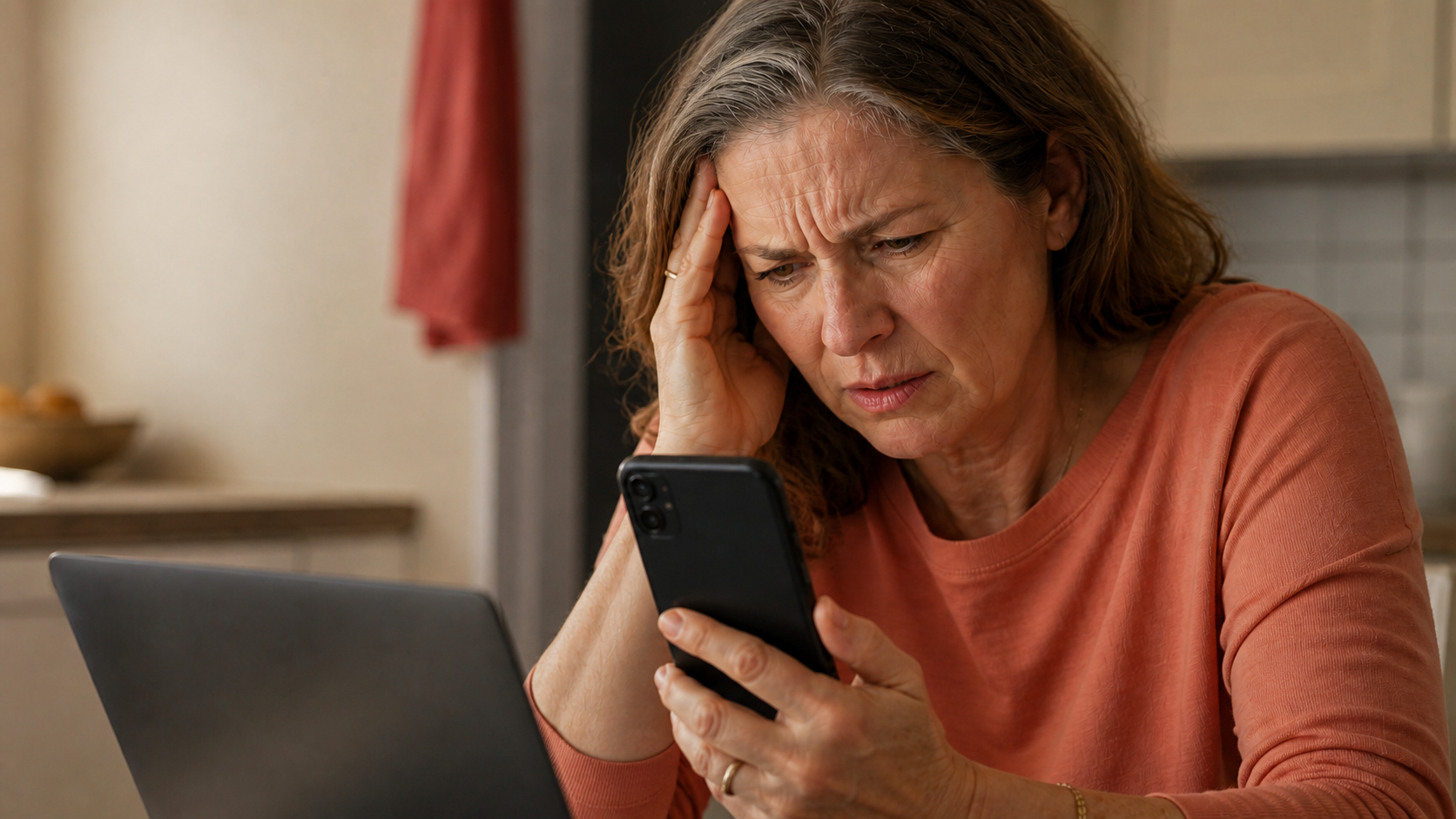 A frustrated and confused woman looking at her phone, trying to remember why something she saved mattered